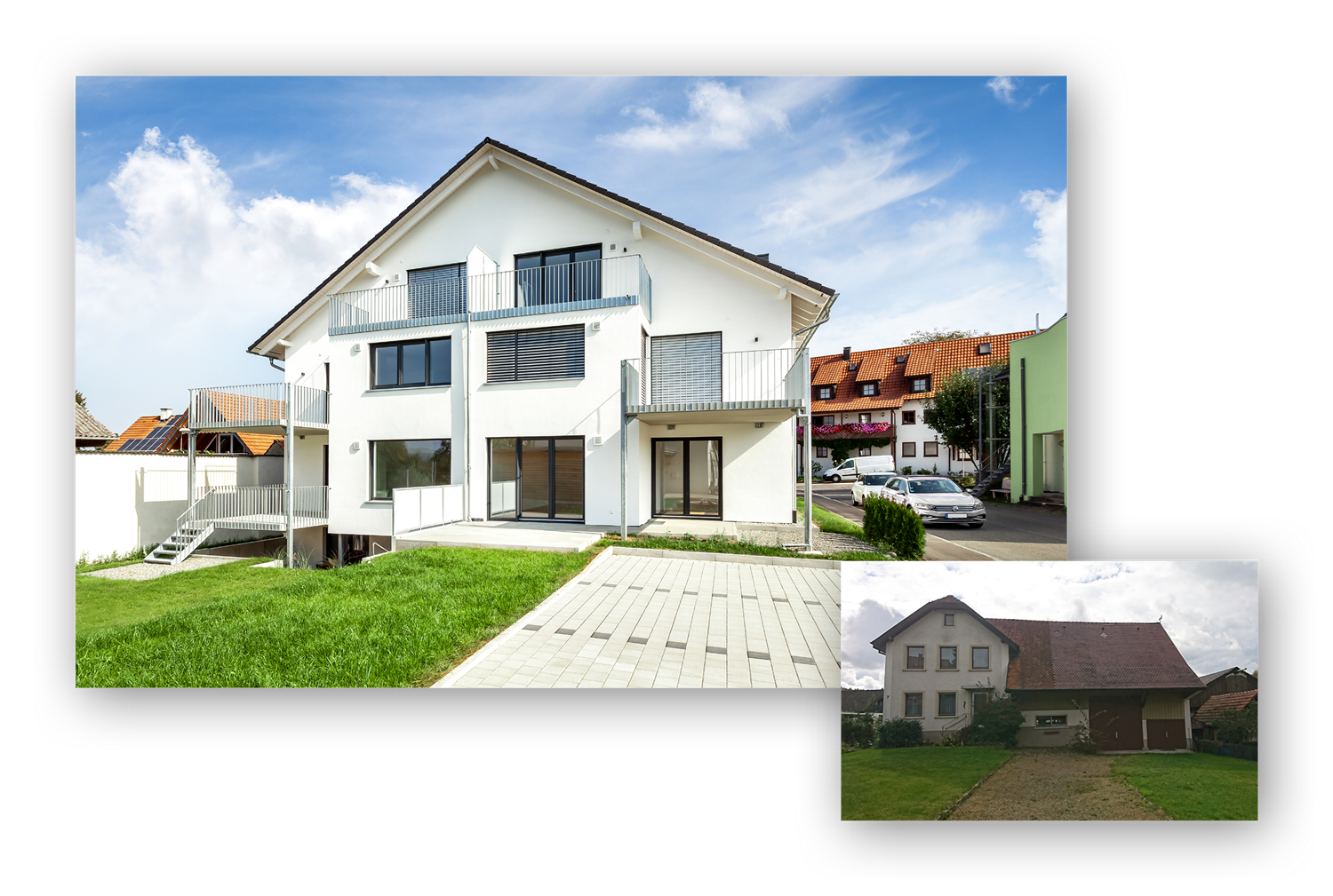 Neues Mehrfamilienhaus, das auf dem Platz eines alten Bauernhofes gebaut wurde